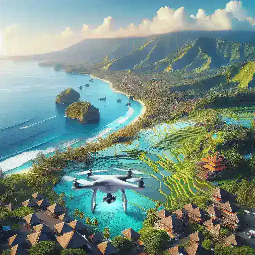 "Drone aerial view of Bali's lush landscapes and tourist attractions, showcasing the development of a smart tourism ecosystem in Bali."